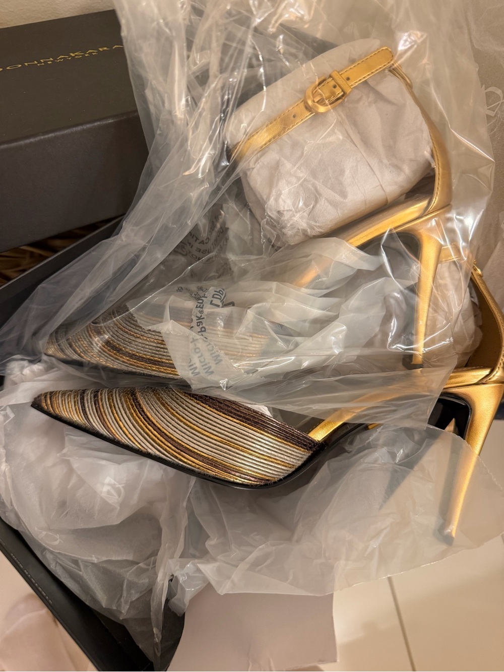Donna Karan Gold Strappy Pointed-Toe Heels with Multicolor Metallic Weave